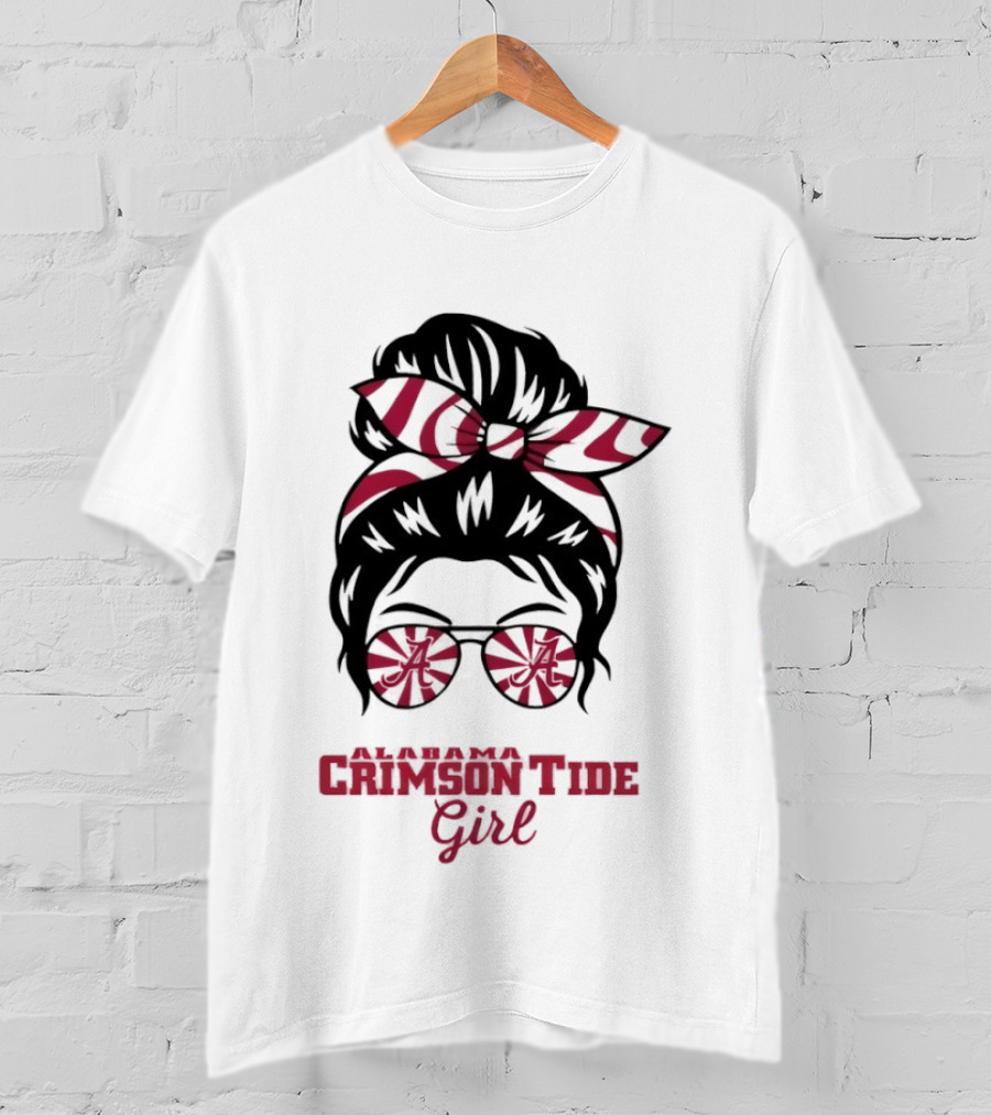 Alabama Crimson Tide Girl Messy Bun With Glasses And Bow T-Shirt