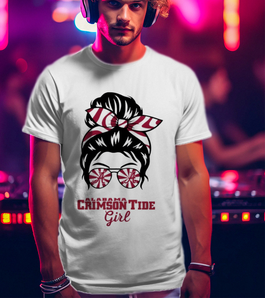 Alabama Crimson Tide Girl Messy Bun With Glasses And Bow T-Shirt