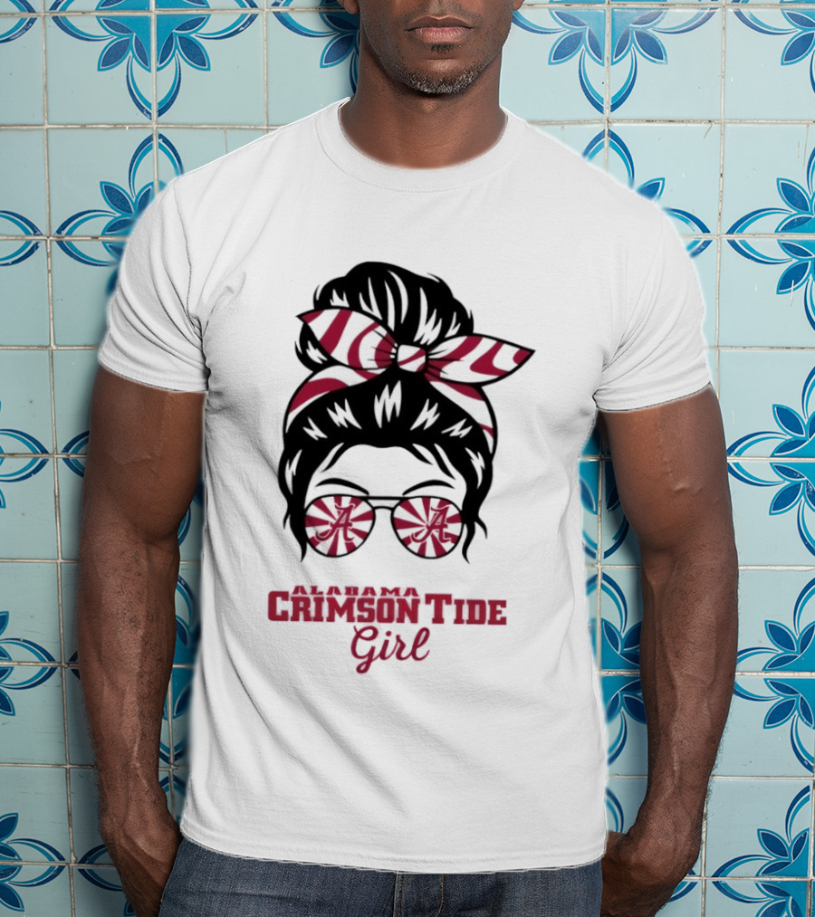 Alabama Crimson Tide Girl Messy Bun With Glasses And Bow T-Shirt