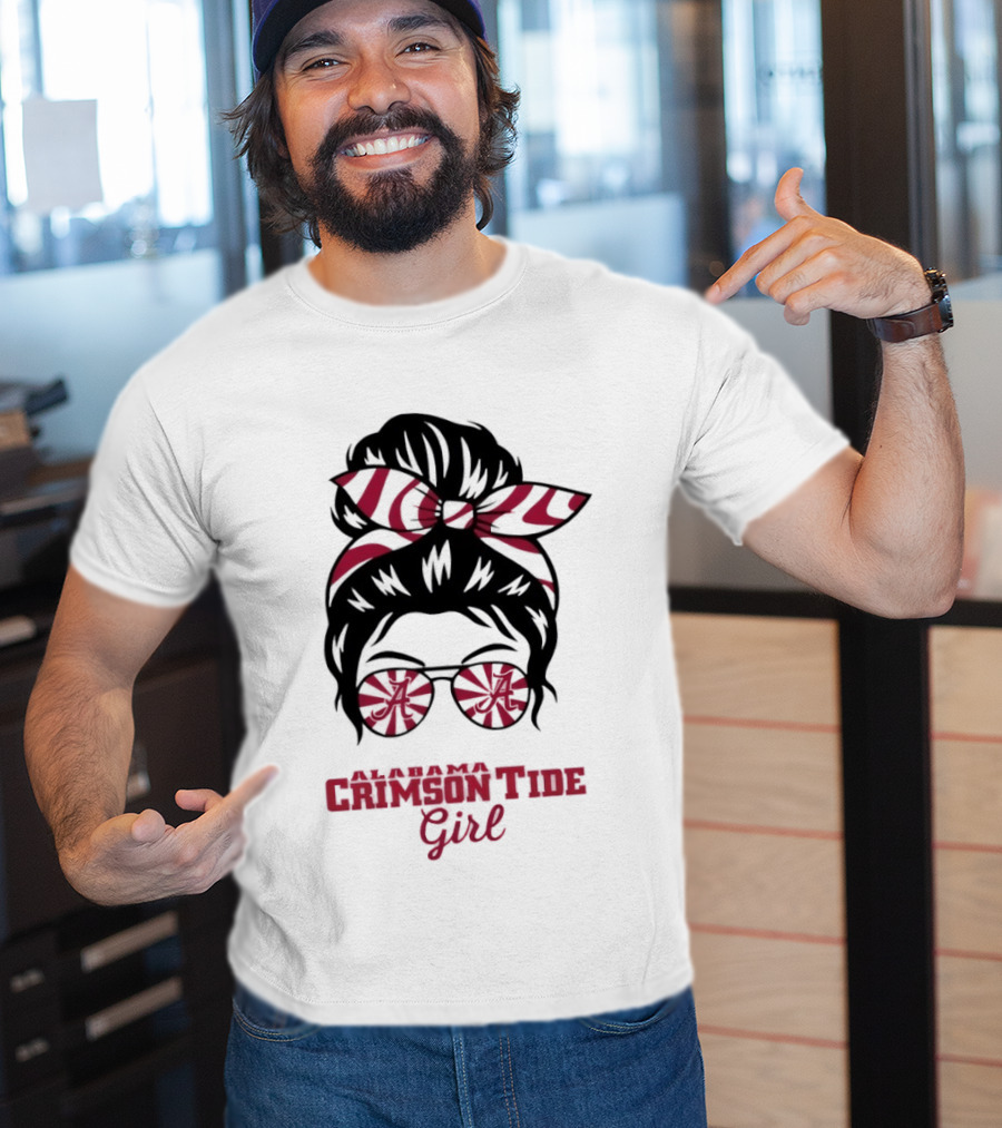 Alabama Crimson Tide Girl Messy Bun With Glasses And Bow T-Shirt