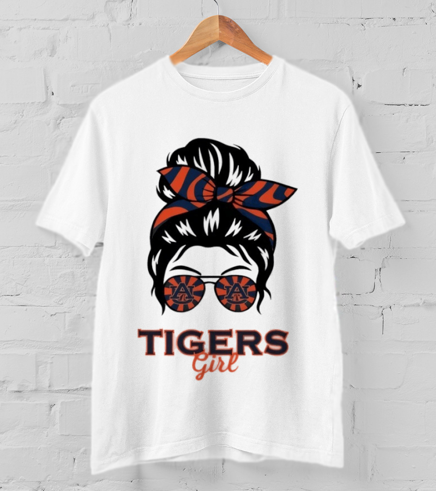 Auburn Tigers Girl Messy Bun Glasses Bow T-Shirt