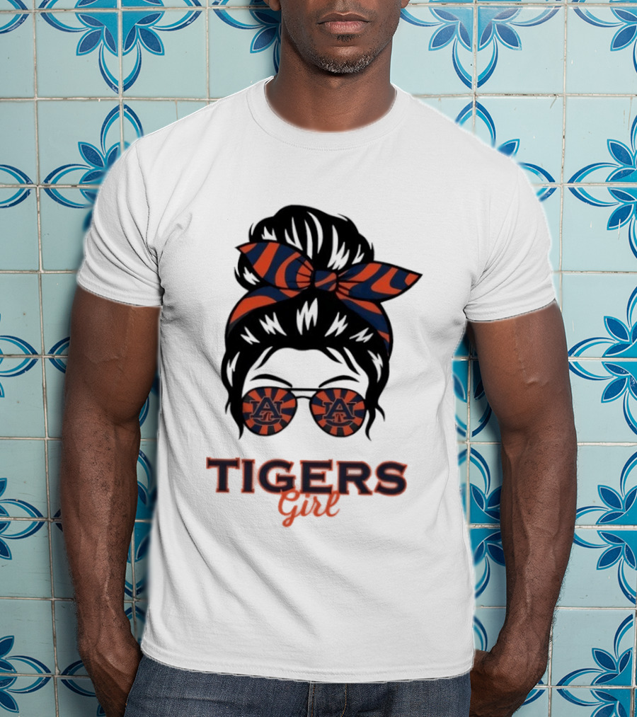 Auburn Tigers Girl Messy Bun Glasses Bow T-Shirt