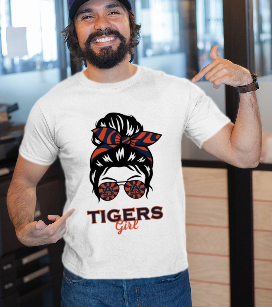 Auburn Tigers Girl Messy Bun Glasses Bow T-Shirt