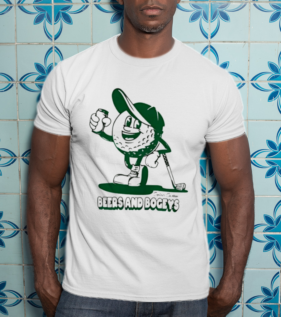 Beers And Bogeys Golf Cartoon Character With Beer Can And Club T-Shirt