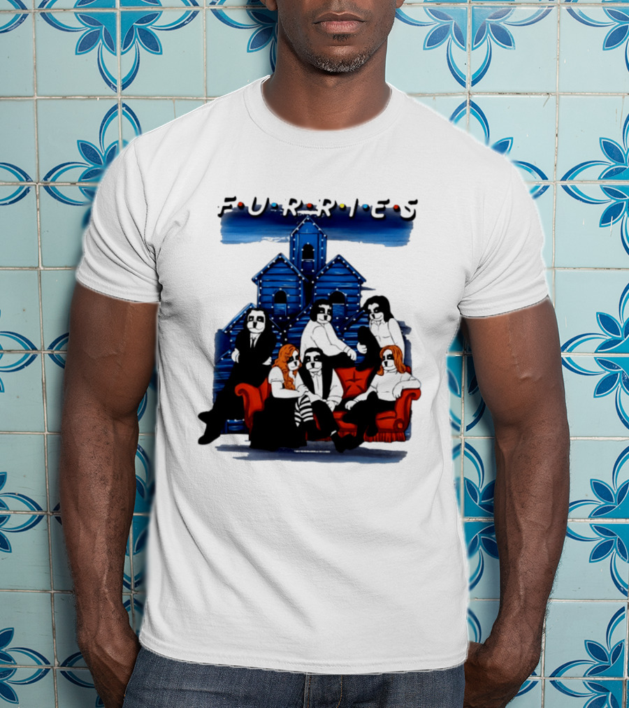 Furries Friends Group Sitting In Front Of Blue Houses T-Shirt