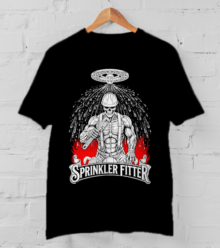 Skeleton Sprinkler Fitter With Fiery T-Shirt