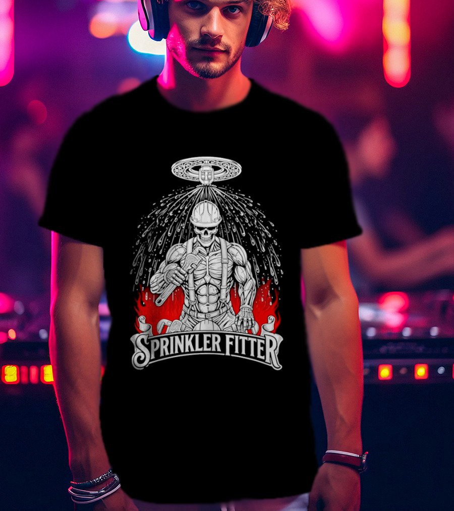 Skeleton Sprinkler Fitter With Fiery T-Shirt