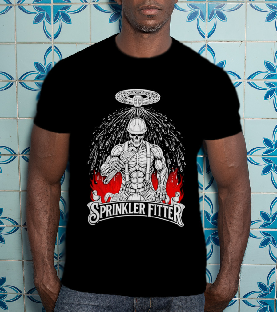 Skeleton Sprinkler Fitter With Fiery T-Shirt
