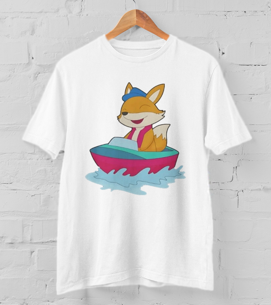 Cheerful Fox Sailing In Colorful Boat With Blue Hat And Pink Life Vest T-Shirt