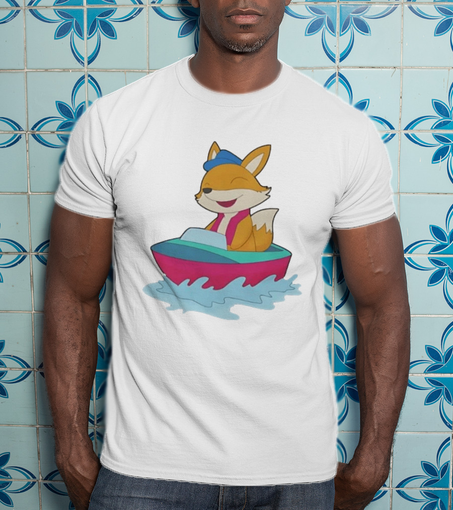 Cheerful Fox Sailing In Colorful Boat With Blue Hat And Pink Life Vest T-Shirt