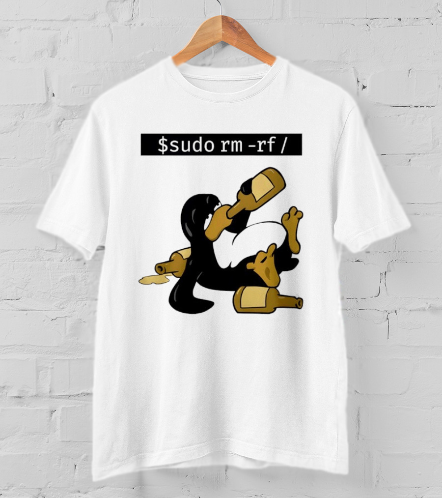 Penguin Linux Tux Drunk Sudo Rm Rf Command Bottles T-Shirt