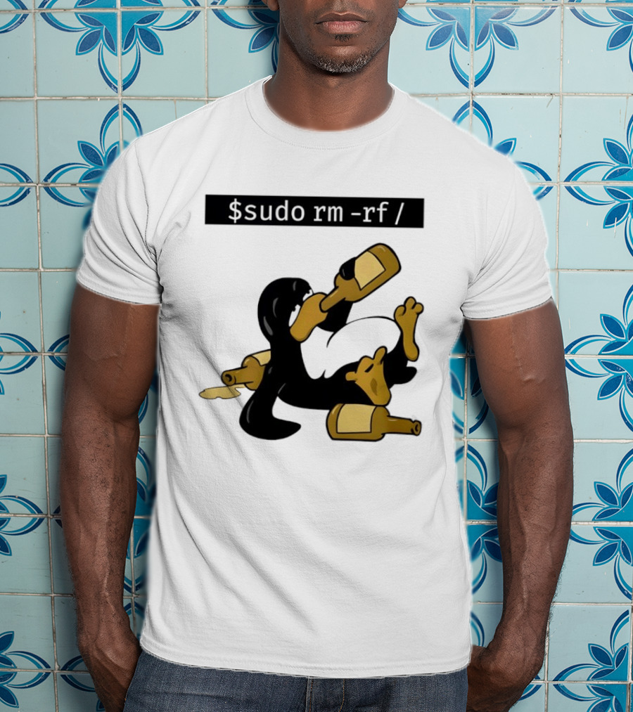 Penguin Linux Tux Drunk Sudo Rm Rf Command Bottles T-Shirt