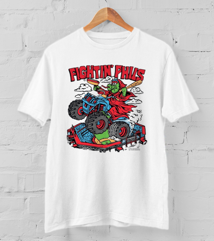 Fightin' Phils Monster Truck Creature Riding Over Baseball Stadium With Bats T-Shirt