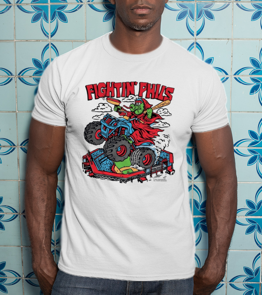 Fightin' Phils Monster Truck Creature Riding Over Baseball Stadium With Bats T-Shirt