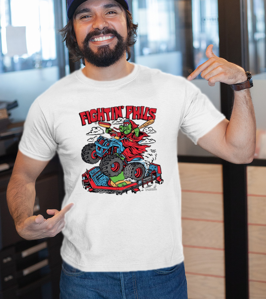 Fightin' Phils Monster Truck Creature Riding Over Baseball Stadium With Bats T-Shirt