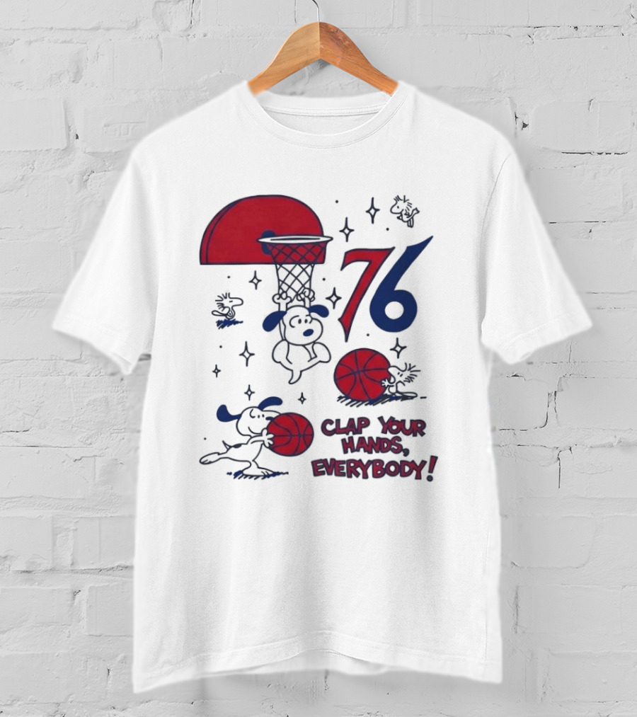 Snoopy Philadelphia 76ers Clap Your Hands Everybody Basketball Theme With Red And Blue T-Shirt