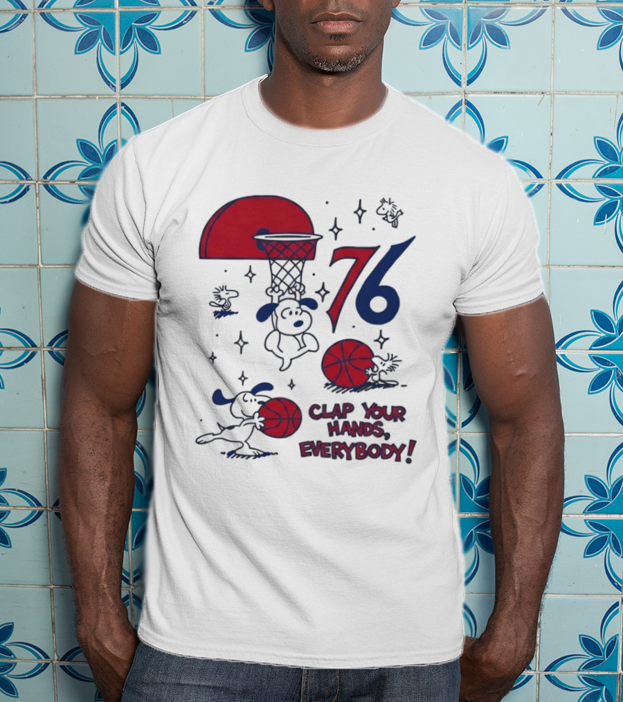Snoopy Philadelphia 76ers Clap Your Hands Everybody Basketball Theme With Red And Blue T-Shirt
