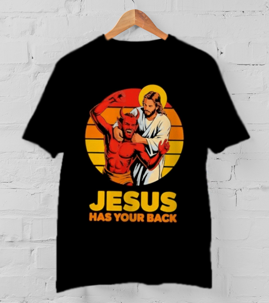 Jesus Has Your Back Vintage Illustration With Devil And Halo Symbolism T-Shirt