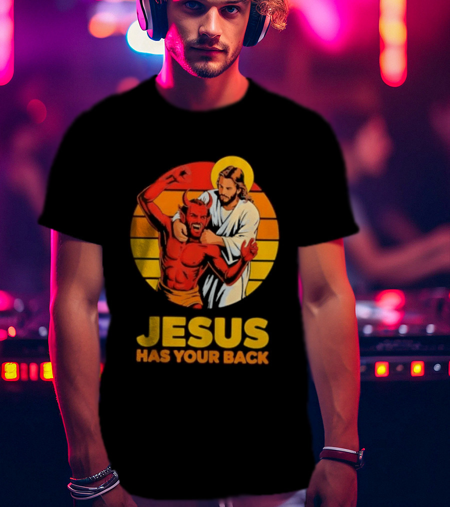 Jesus Has Your Back Vintage Illustration With Devil And Halo Symbolism T-Shirt