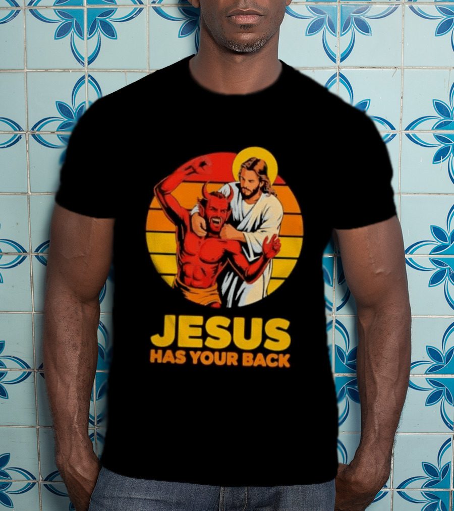 Jesus Has Your Back Vintage Illustration With Devil And Halo Symbolism T-Shirt