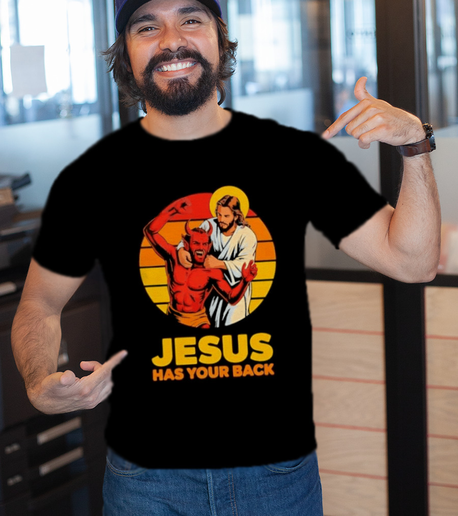 Jesus Has Your Back Vintage Illustration With Devil And Halo Symbolism T-Shirt