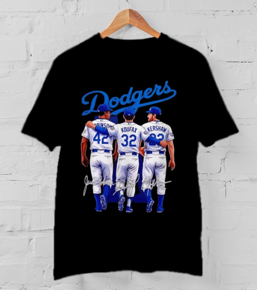 Los Angeles Dodgers Legendary Trio Jackie Robinson Sandy Koufax Clayton Kershaw Signatures T-Shirt