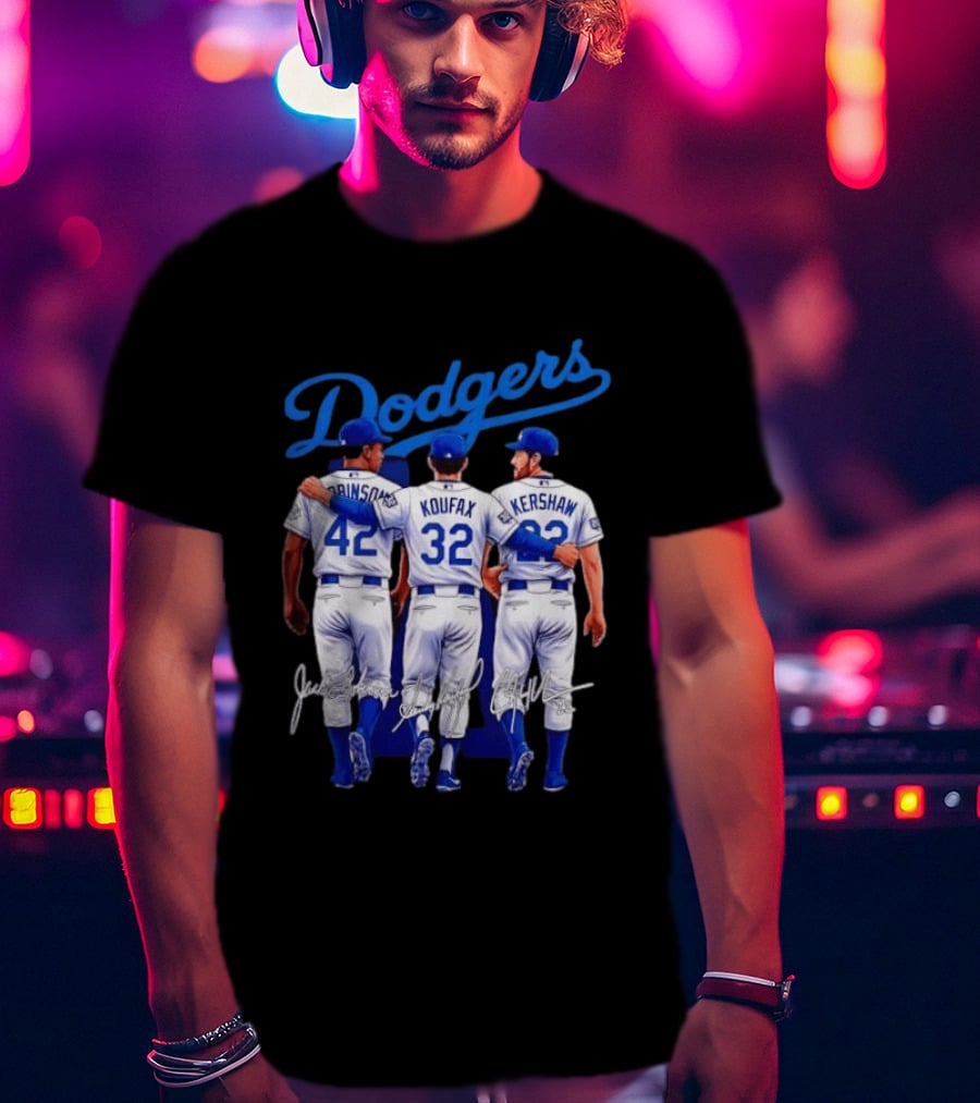 Los Angeles Dodgers Legendary Trio Jackie Robinson Sandy Koufax Clayton Kershaw Signatures T-Shirt