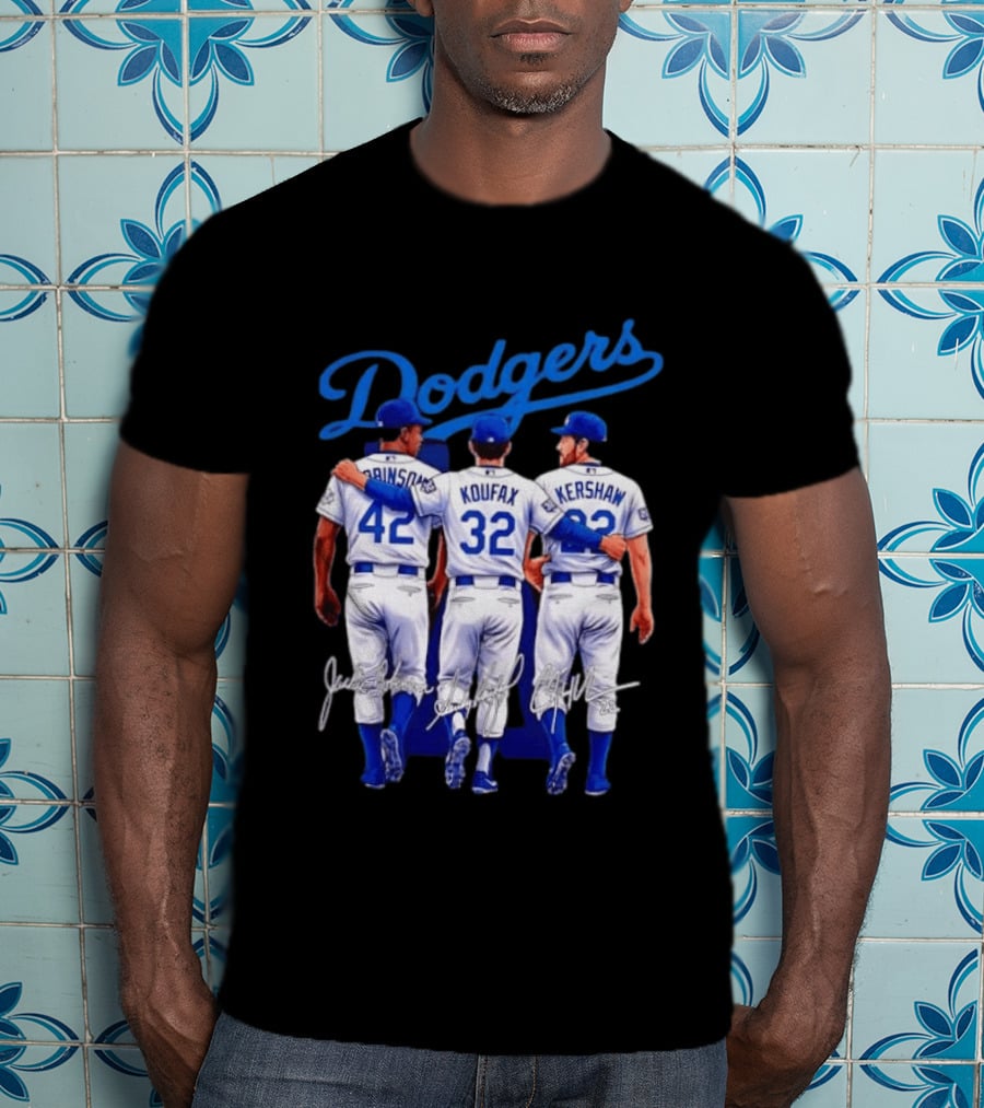 Los Angeles Dodgers Legendary Trio Jackie Robinson Sandy Koufax Clayton Kershaw Signatures T-Shirt