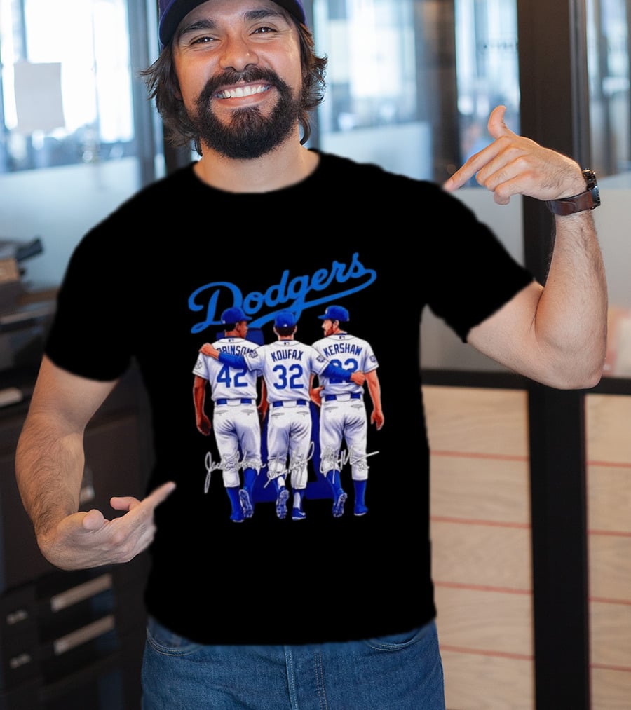 Los Angeles Dodgers Legendary Trio Jackie Robinson Sandy Koufax Clayton Kershaw Signatures T-Shirt