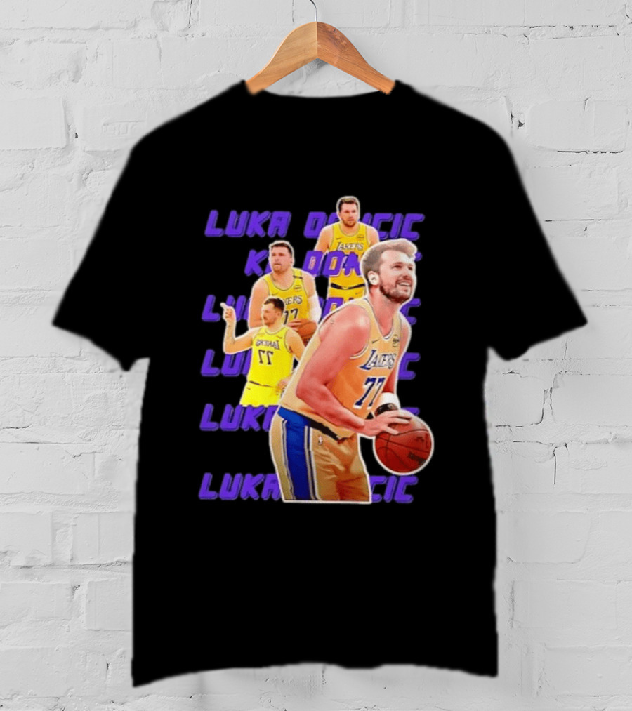 Luka Doncic Lakers 77 Action Shot Multiple Pose Purple Basketball Display T-Shirt
