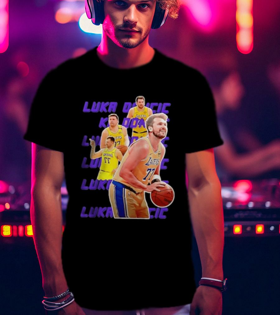 Luka Doncic Lakers 77 Action Shot Multiple Pose Purple Basketball Display T-Shirt