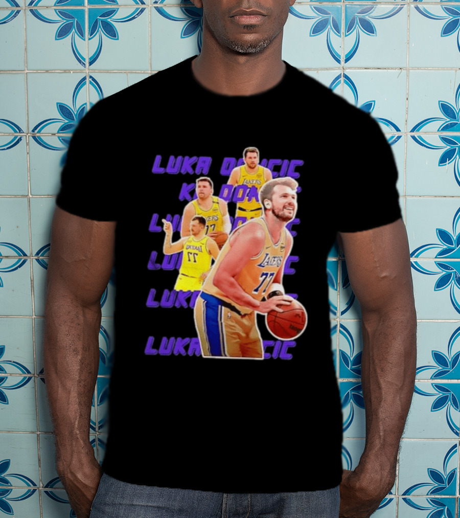 Luka Doncic Lakers 77 Action Shot Multiple Pose Purple Basketball Display T-Shirt