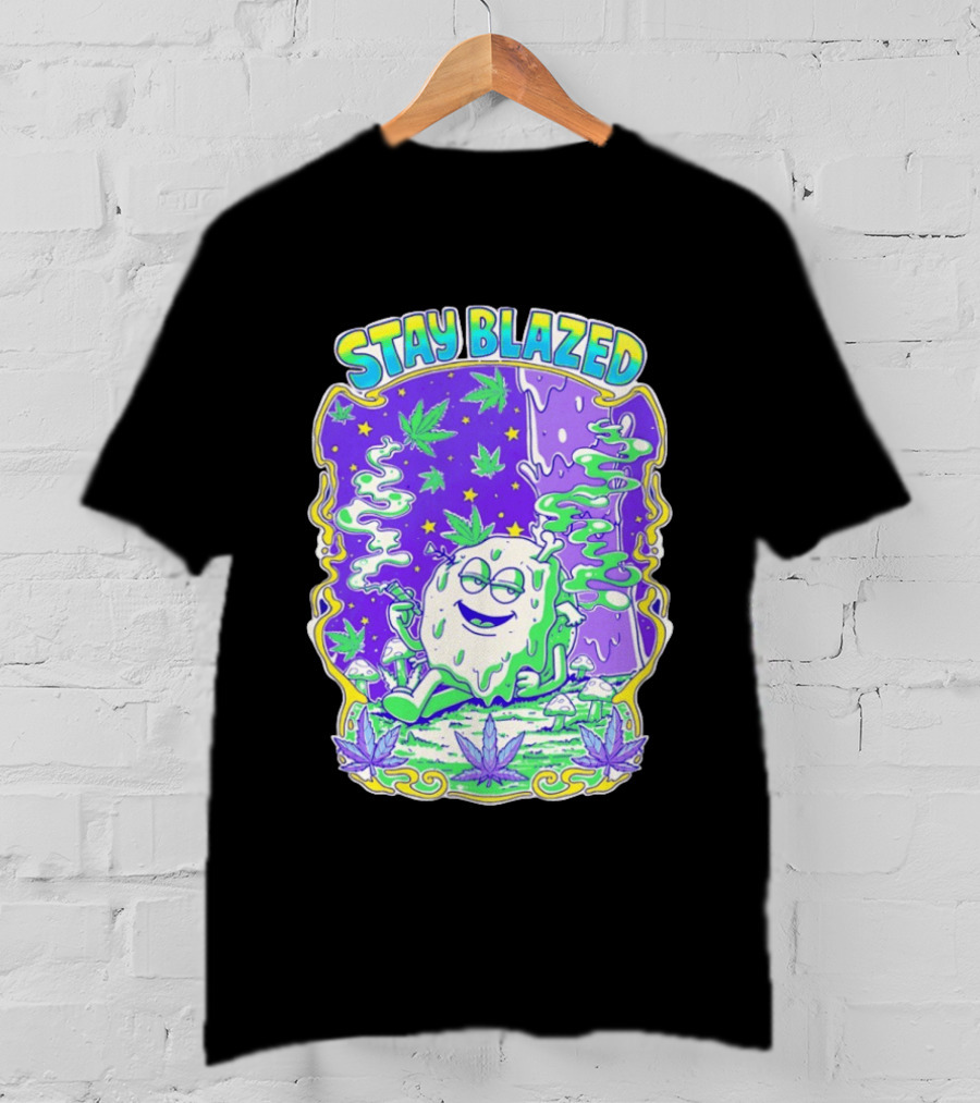 Stay Blazed Trippy Cannabis Character Psychedelic Art Leafs And Mushrooms T-Shirt