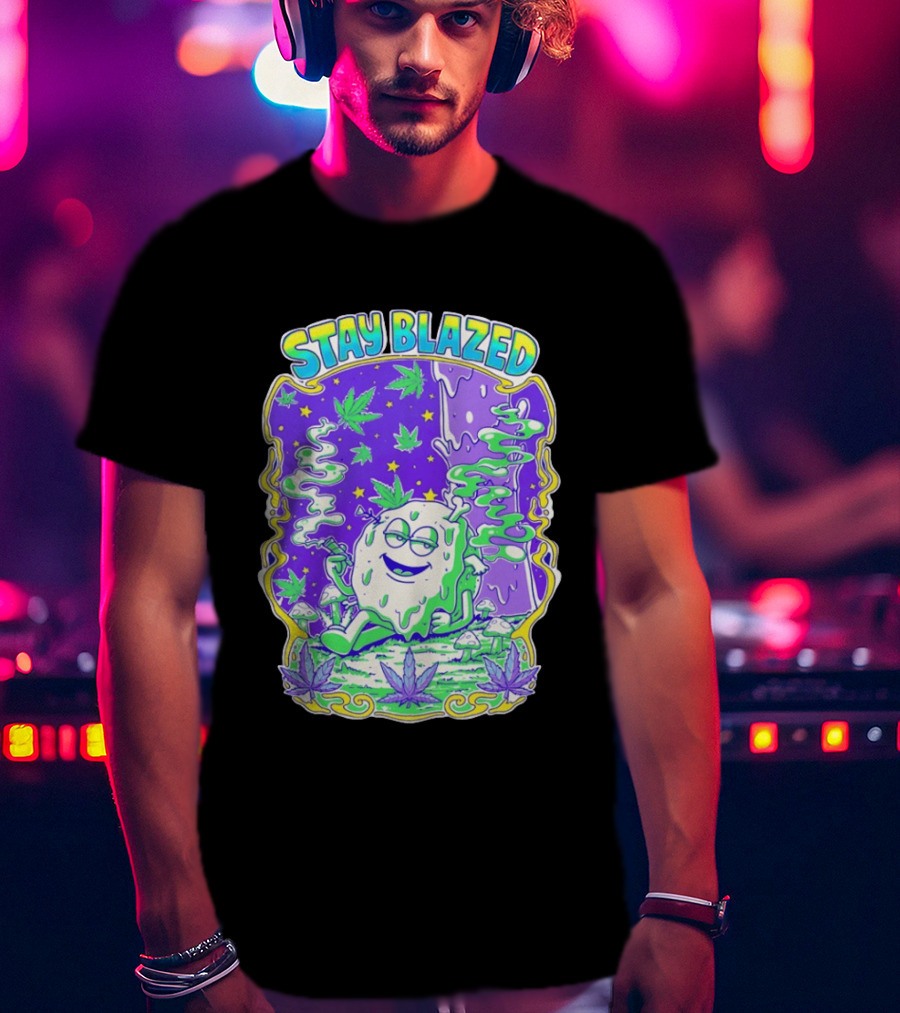 Stay Blazed Trippy Cannabis Character Psychedelic Art Leafs And Mushrooms T-Shirt