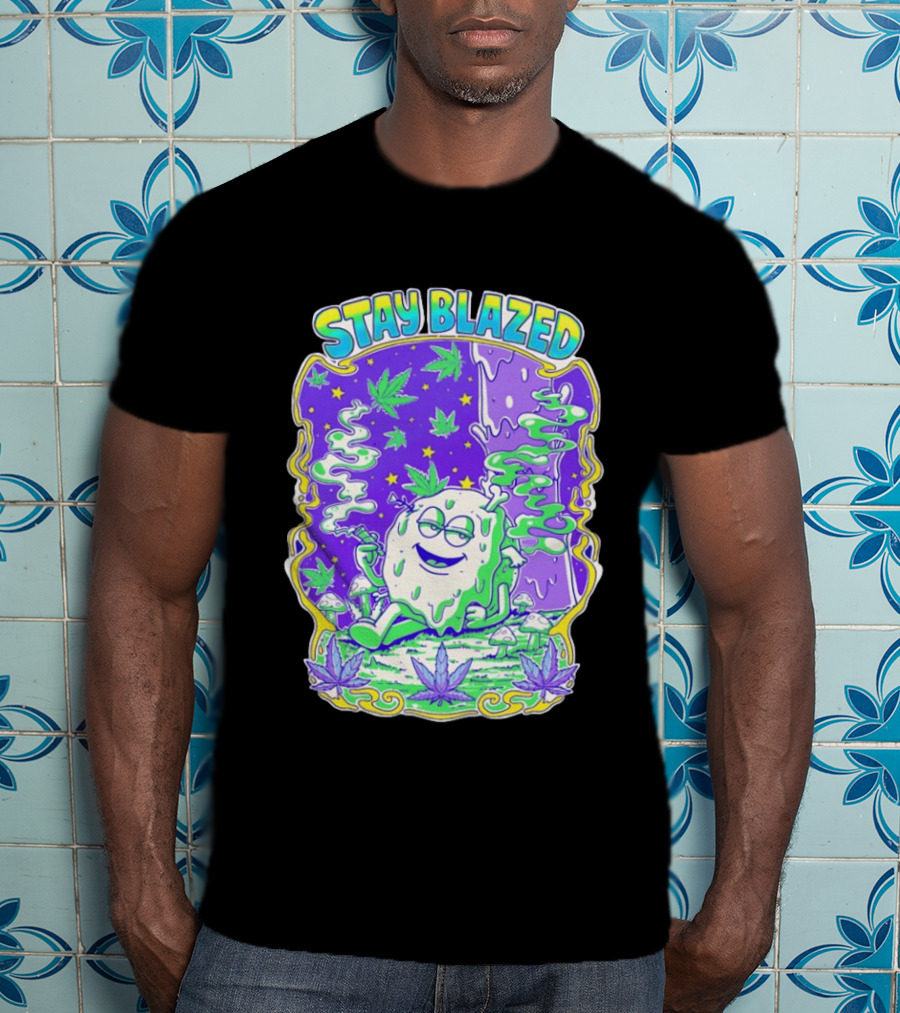 Stay Blazed Trippy Cannabis Character Psychedelic Art Leafs And Mushrooms T-Shirt