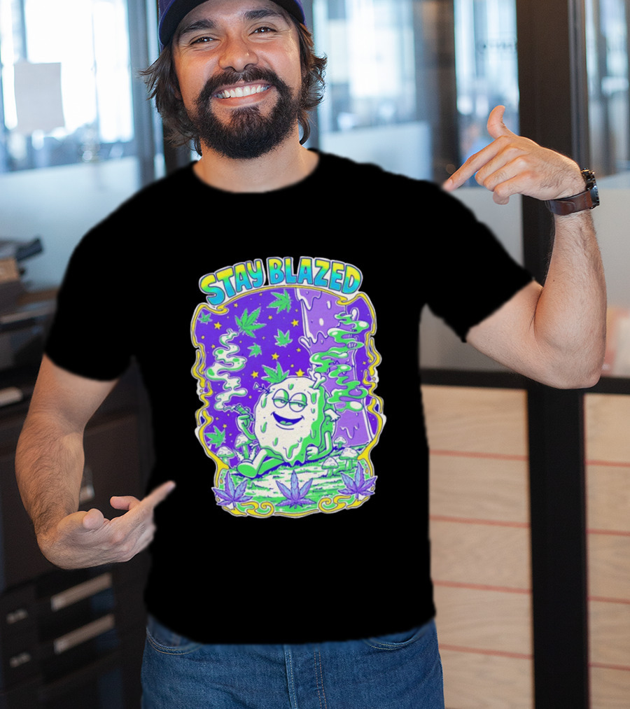 Stay Blazed Trippy Cannabis Character Psychedelic Art Leafs And Mushrooms T-Shirt