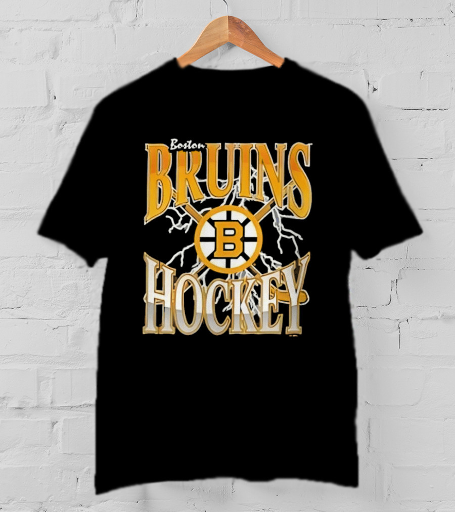 Boston Bruins Hockey B Logo Crossed Sticks Lightning T-Shirt