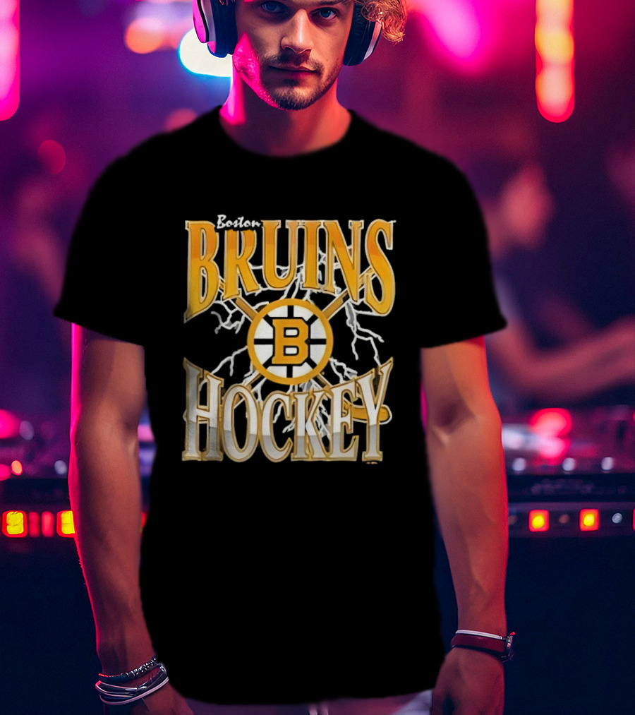 Boston Bruins Hockey B Logo Crossed Sticks Lightning T-Shirt