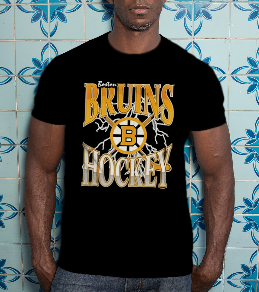Boston Bruins Hockey B Logo Crossed Sticks Lightning T-Shirt