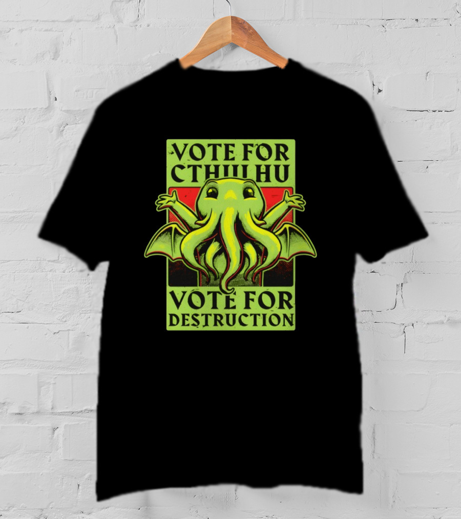 Vote For Cthulhu For Destruction Cartoon Alien Creature With Tentacles And Wings T-Shirt