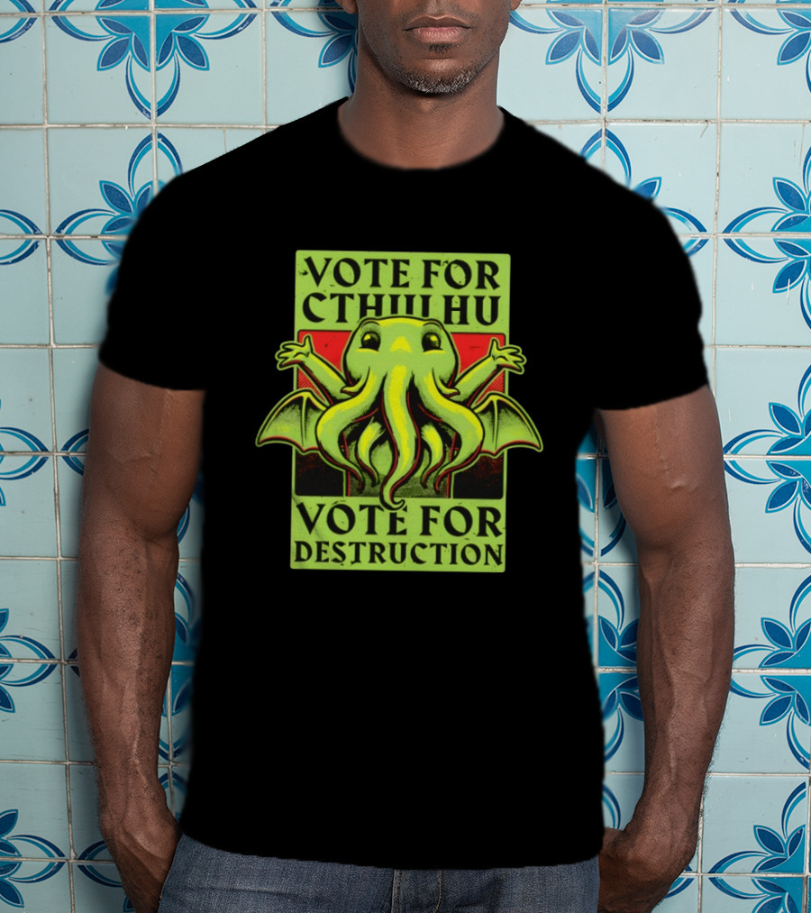 Vote For Cthulhu For Destruction Cartoon Alien Creature With Tentacles And Wings T-Shirt