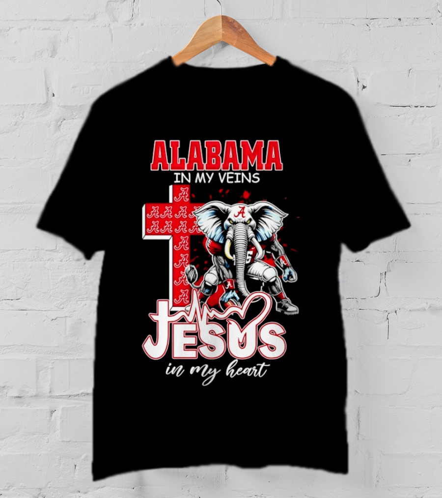 Alabama Crimson Tide In My Veins Jesus In My Heart Elephant Cross T-Shirt