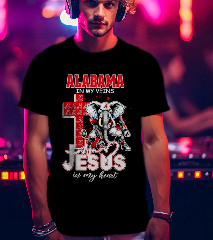 Alabama Crimson Tide In My Veins Jesus In My Heart Elephant Cross T-Shirt