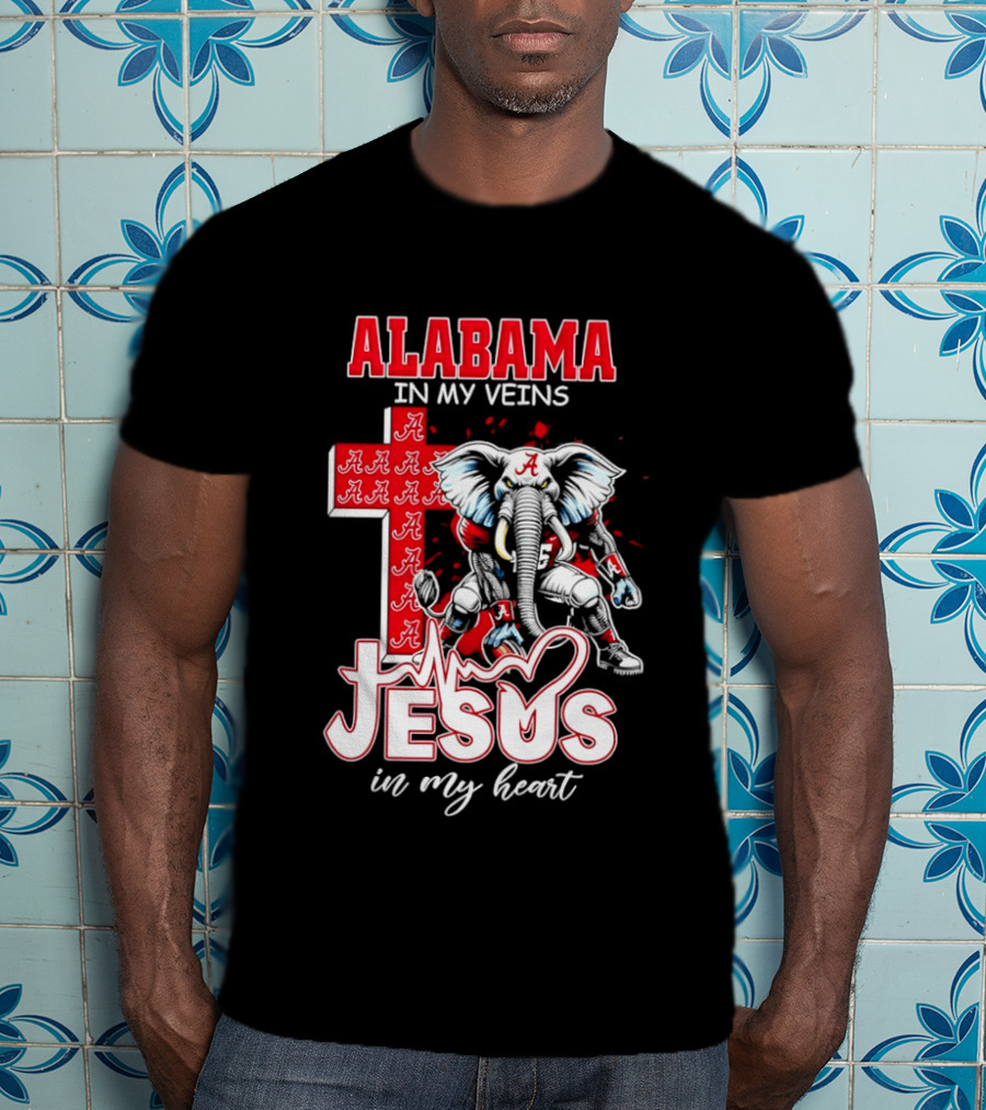 Alabama Crimson Tide In My Veins Jesus In My Heart Elephant Cross T-Shirt