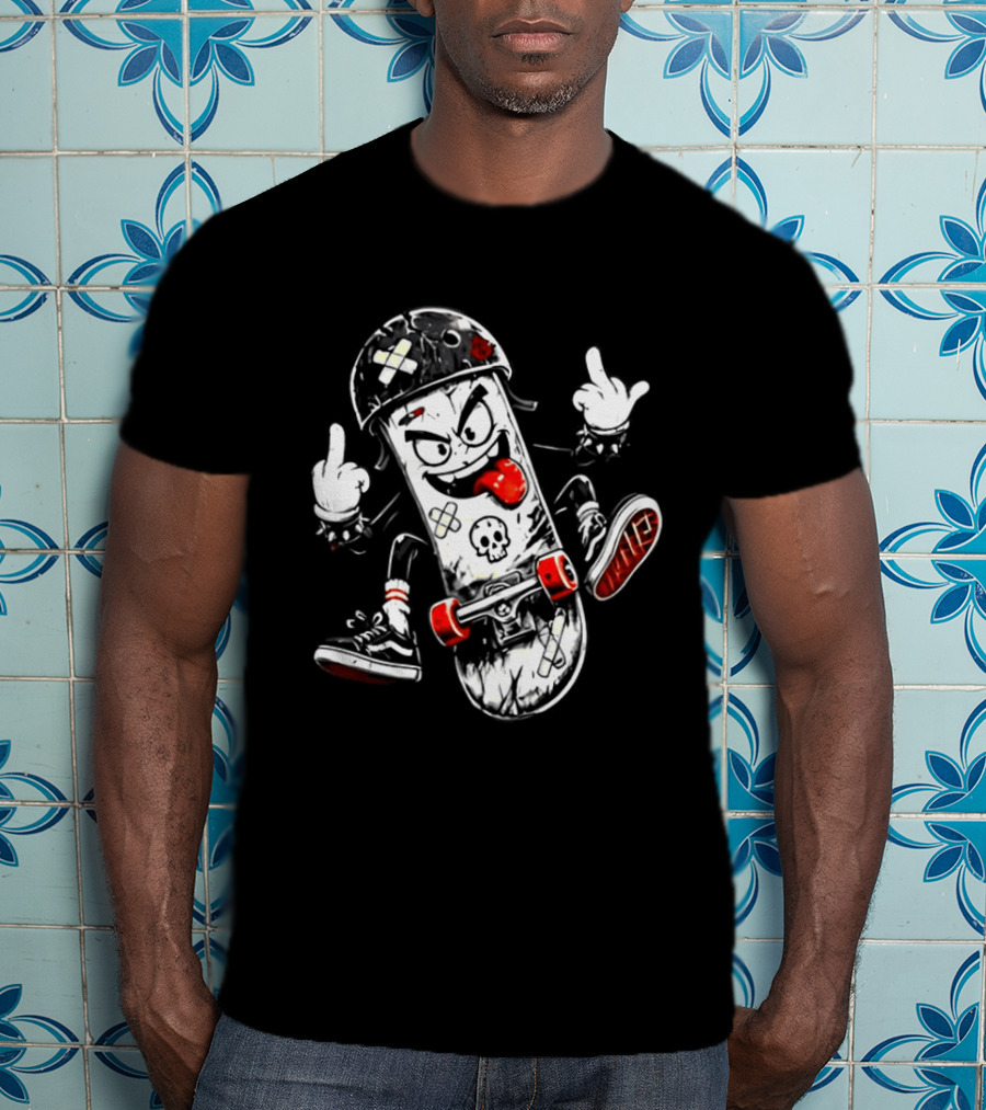 Skull Face Skateboard Cartoon Character With Attitude T-Shirt