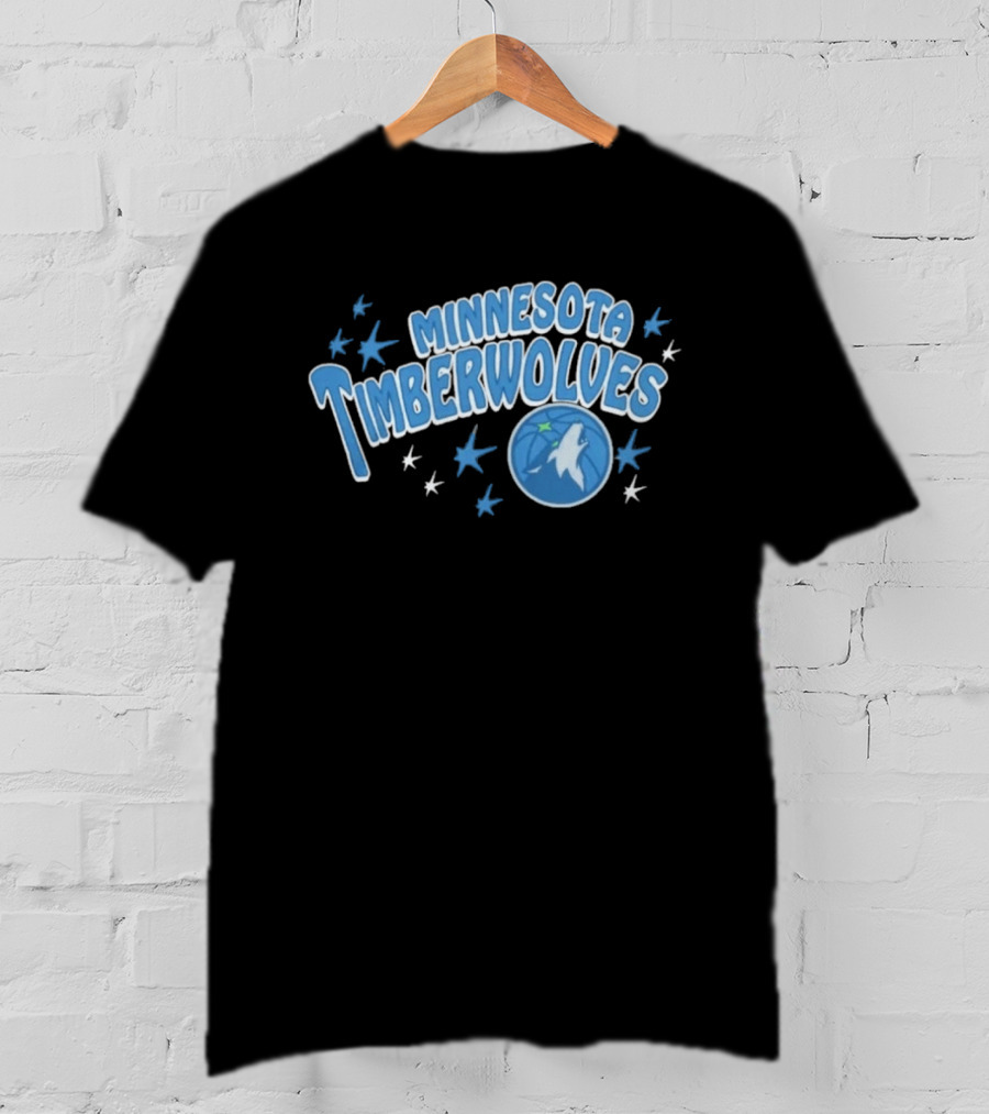 Minnesota Timberwolves Starter Black Fireworks Starry Blue Basketball Wolf T-Shirt