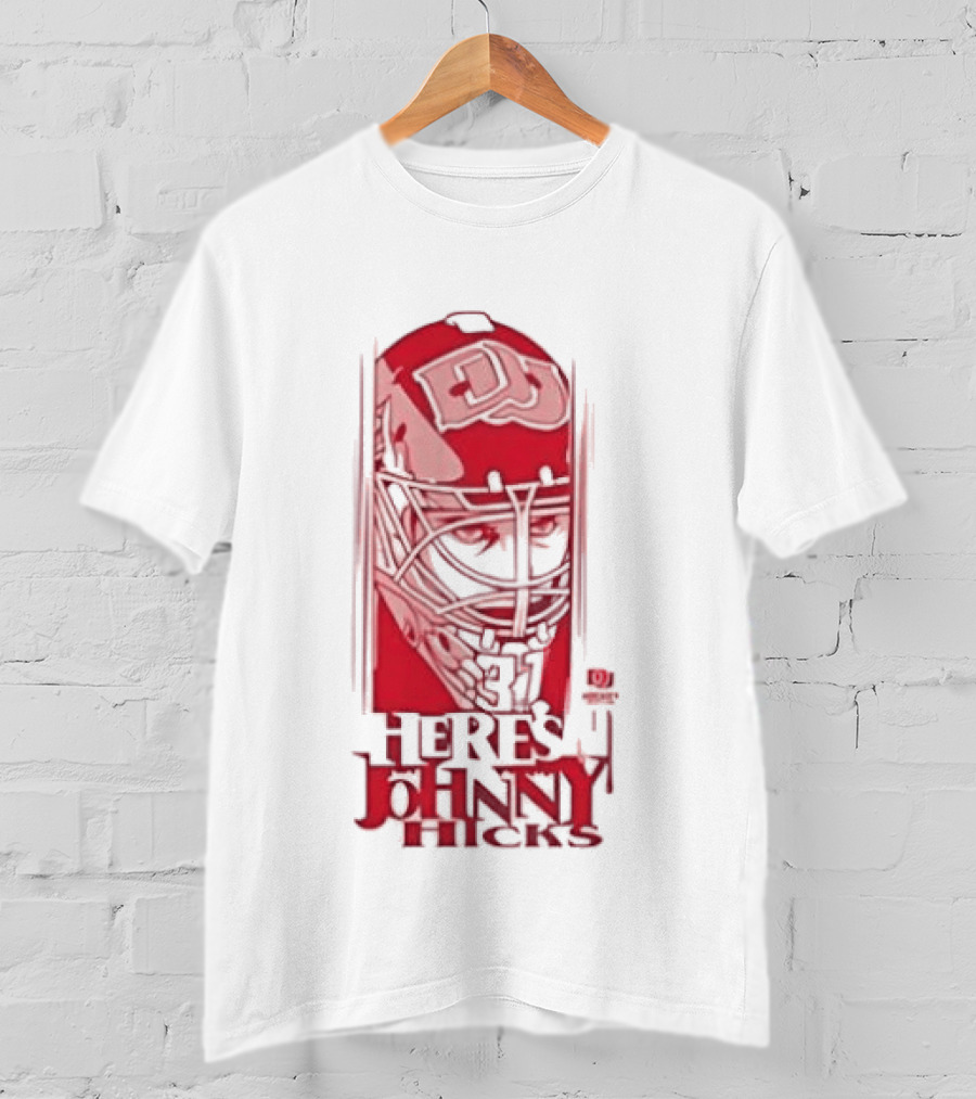 Here's Johnny Hicks Denver Pioneers Men's Ice Hockey Mask DJ T-Shirt