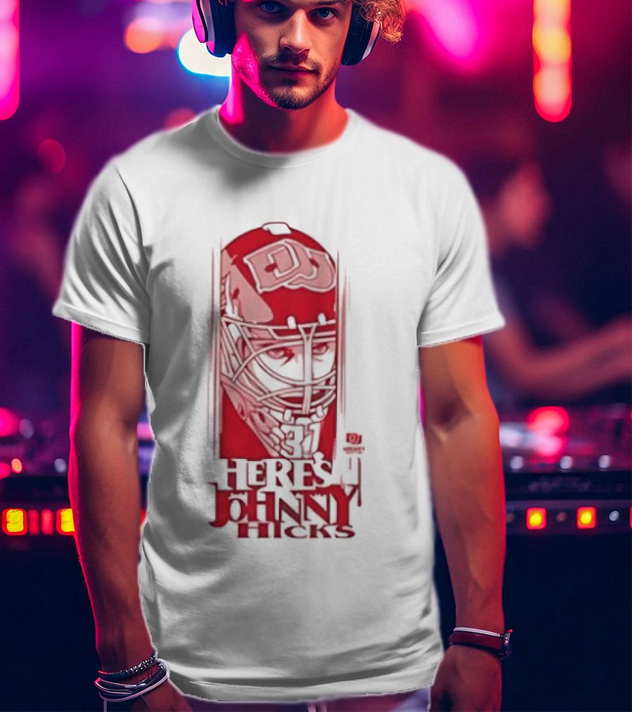 Here's Johnny Hicks Denver Pioneers Men's Ice Hockey Mask DJ T-Shirt