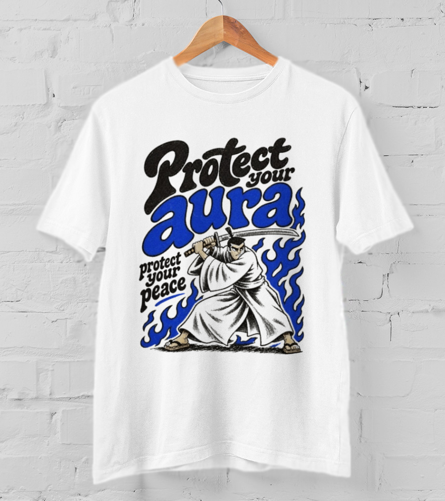 Protect Your Aura Samurai Protect Your Peace Blue Flames T-Shirt