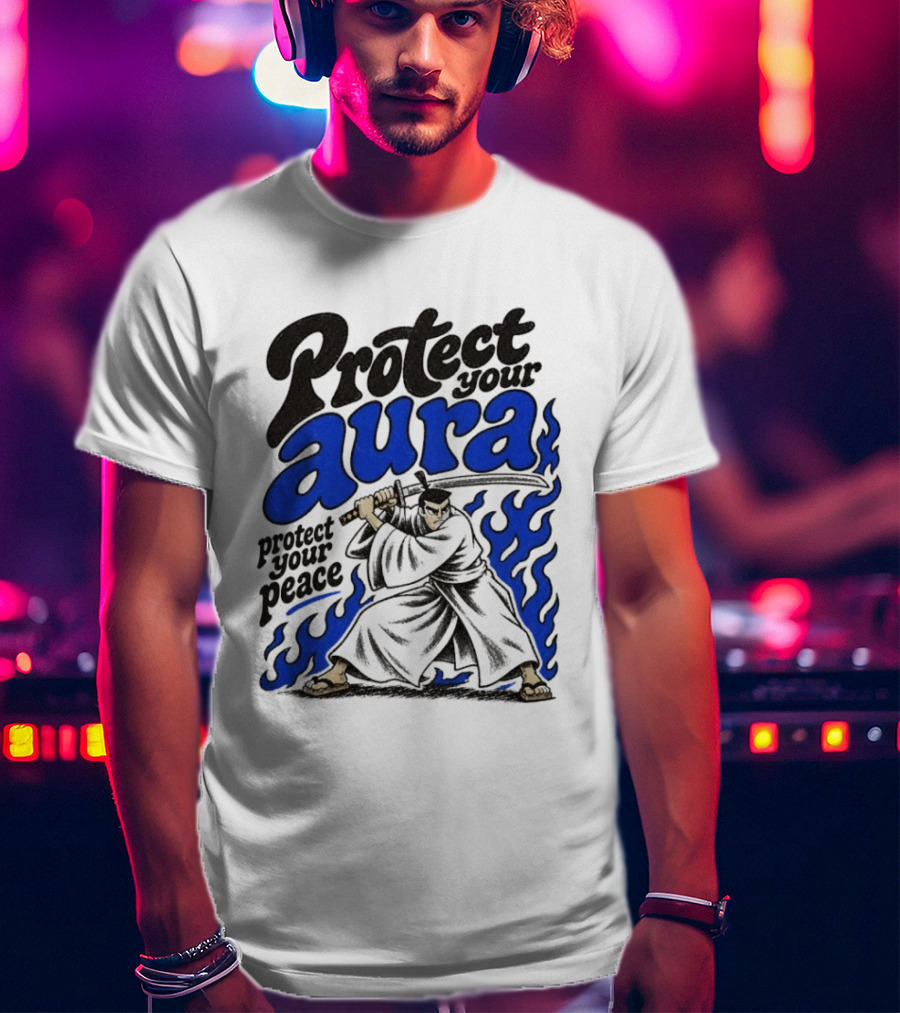Protect Your Aura Samurai Protect Your Peace Blue Flames T-Shirt